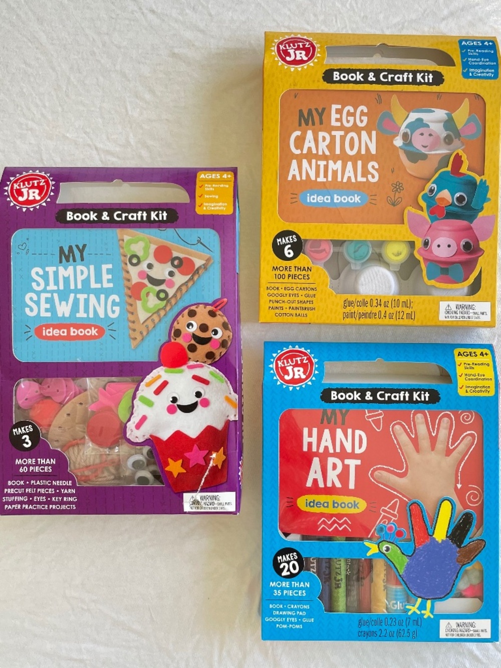 Lot of 3 Klutz Jr. Kids Craft Kits: Sewing, Hand Art, Egg Carton Animals NEW 4+
